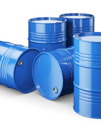 Three blue metal barrels with oil isolated on white background 3d render
